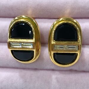 DIVA Vintage Clip On Statement Earrings Marked Signed Gold Tone w Stone Design